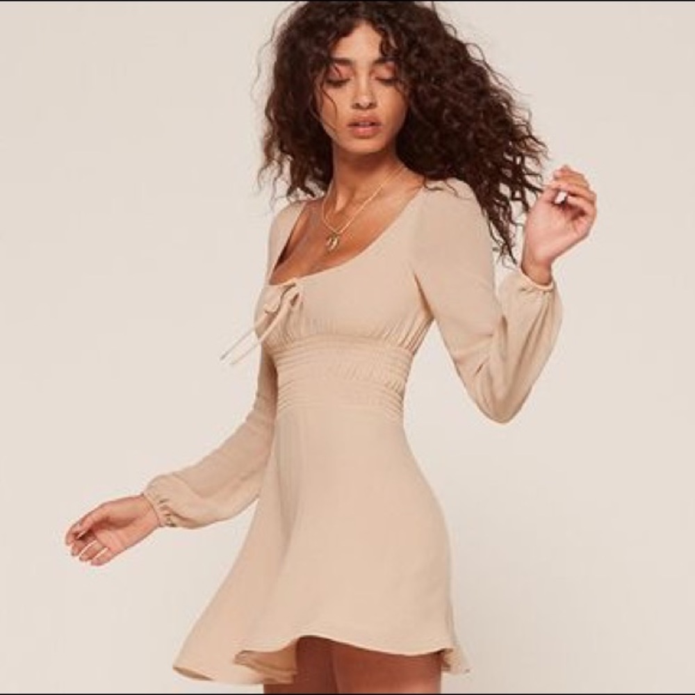 Nude Reformation Wilder Mini Dress with Long Sleeves and Smocked Waist